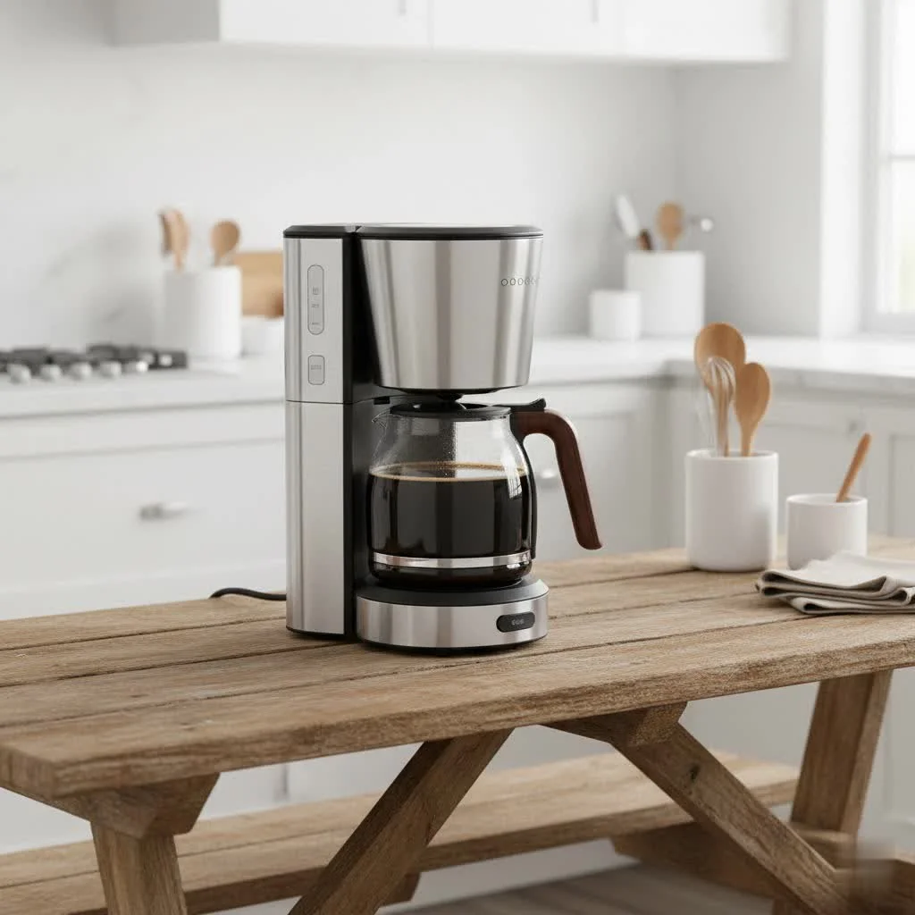 Single serve coffee maker brewing a fresh cup