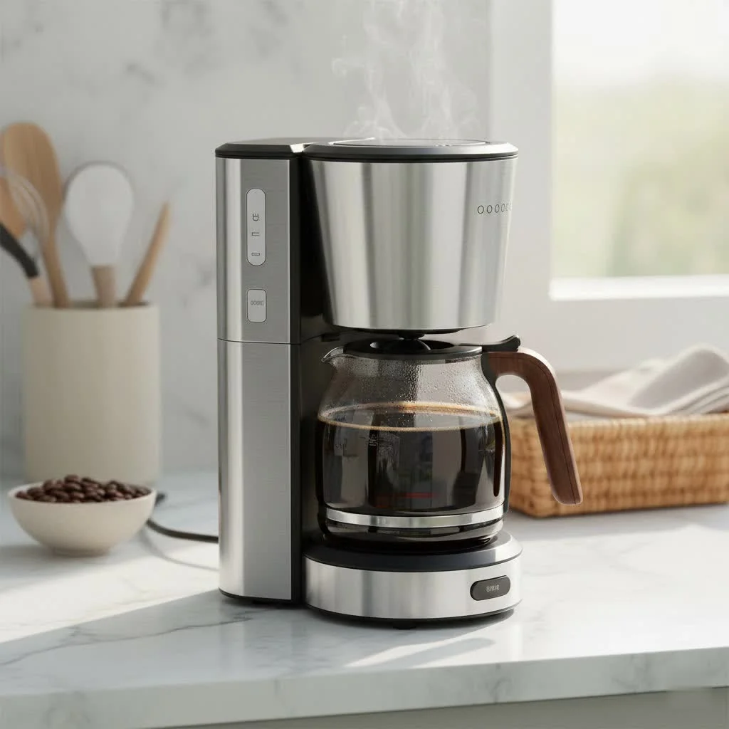 A 12-cup coffee maker brewing fresh coffee