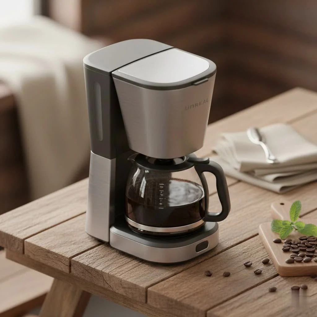 Drip coffee maker brewing coffee into a glass carafe